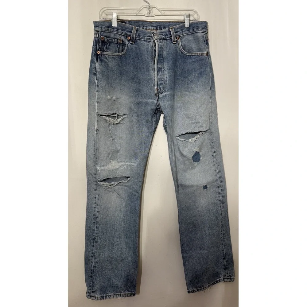 VTG Levis 501 Mens 33x30 Light Wash Jeans  Made USA Ripped Repair Distressed 90s